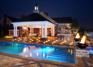 Kreider pool patio pavilion fire bowl lighting steps